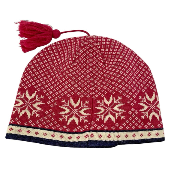NWT LL Bean Deep Raspberry Red Women's Ski Winter Hat Tassel Fair Isle Snowflake - Picture 2 of 9